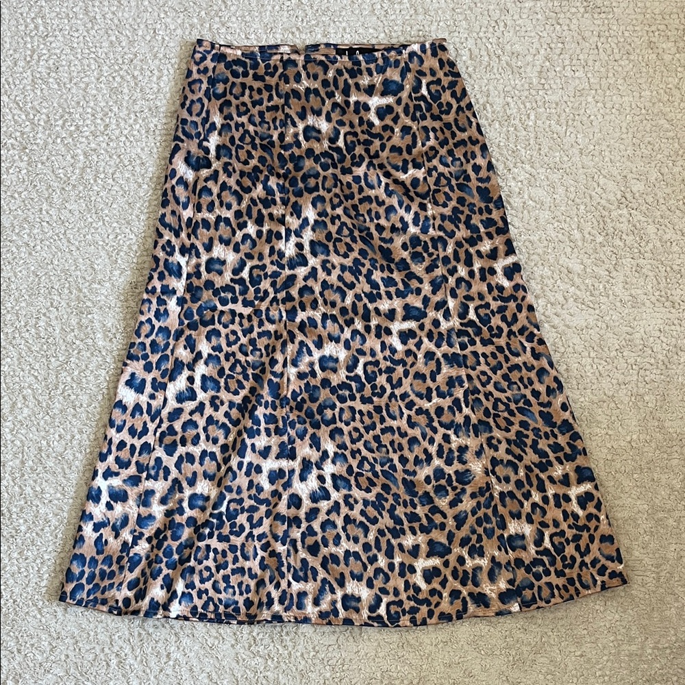 Lulu's Satin Tan and Navy Blue Leopard Print Midi A-line Skirt - Picture 3 of 9